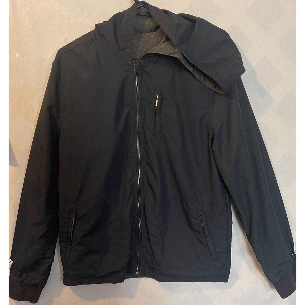 VINCE Reversible Black & Gray Tech Zip Front Hooded Jacket Women's S-M